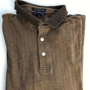 Land's End Men's Small Brown Herringbone Long Sleeve Polo Shirt 34-36